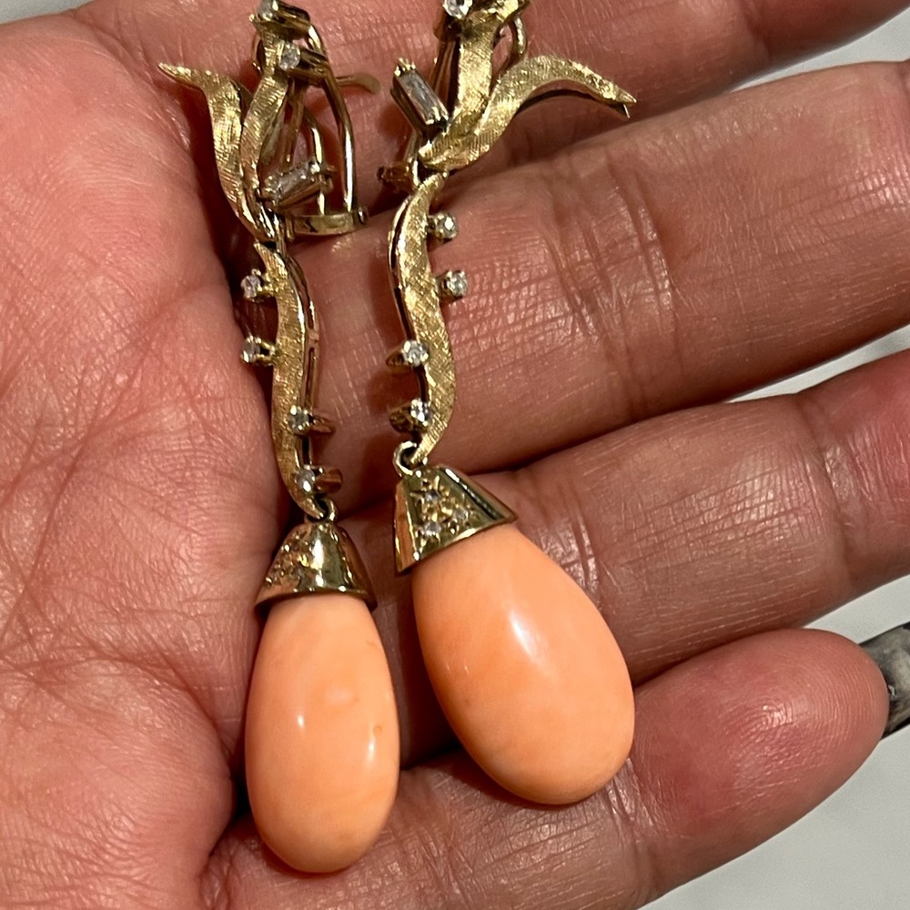Vintage High Quality Coral & Diamond Earrings, 14k solid gold